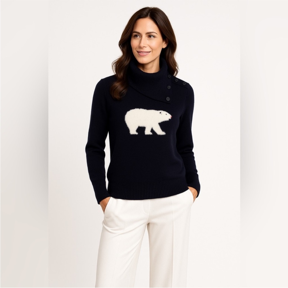 Talbots Lambswool Rabbit Hair Blend Polar Bear Instarsia Button Collar Sweater